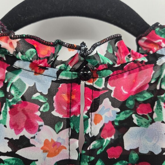 Pretty Garden Pink Floral High Neck Button Back Ruffled Short Sleeve Blouse L - Picture 3 of 10